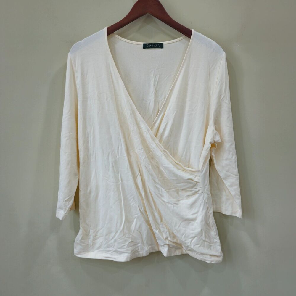Lauren Ralph Lauren Women's Wrap Top Cream 3/4 Sleeves Ruched Comfort Everyday